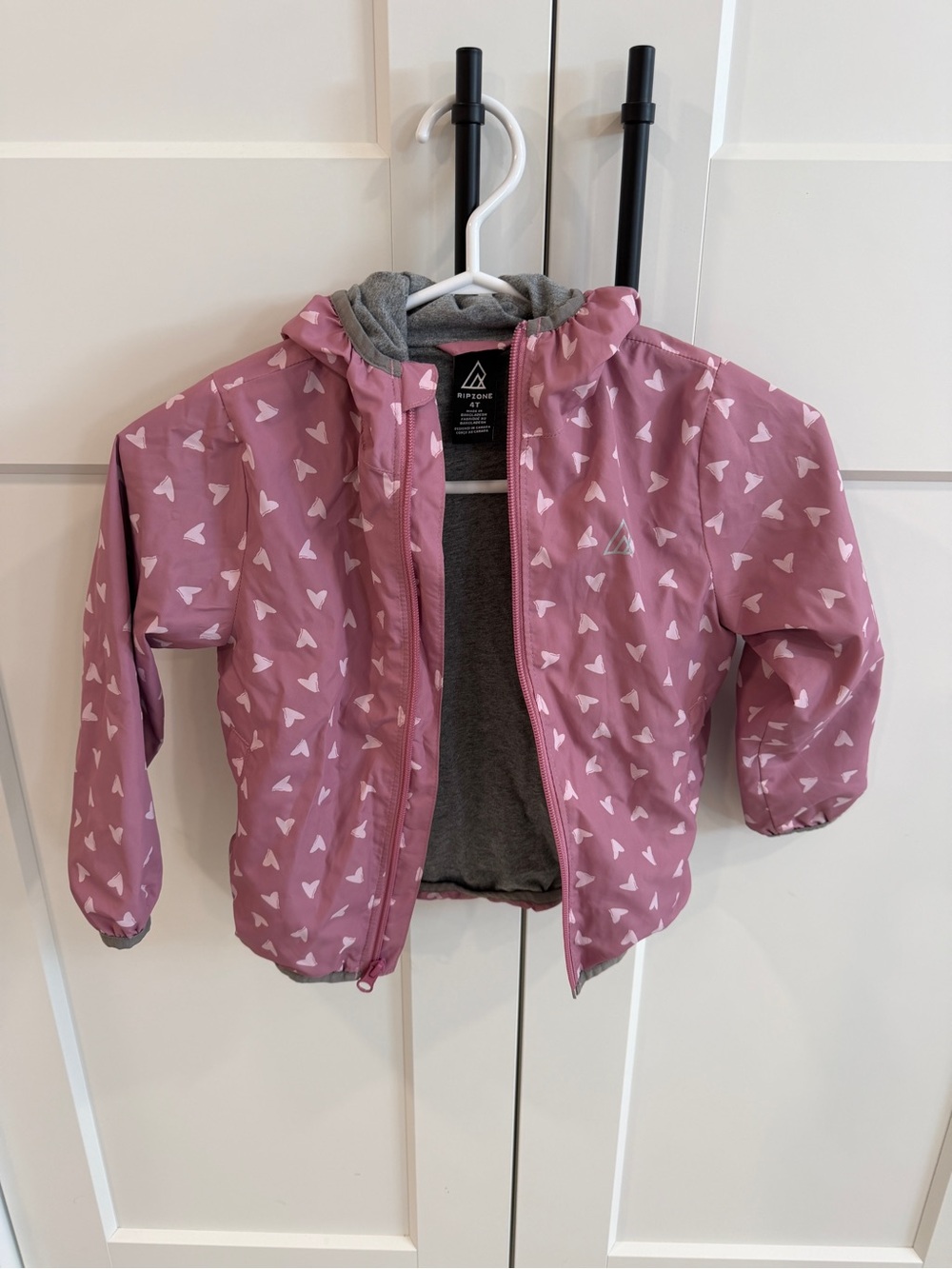 Girls' Pink Heart-Print Hooded Raincoat with Fleece Lining